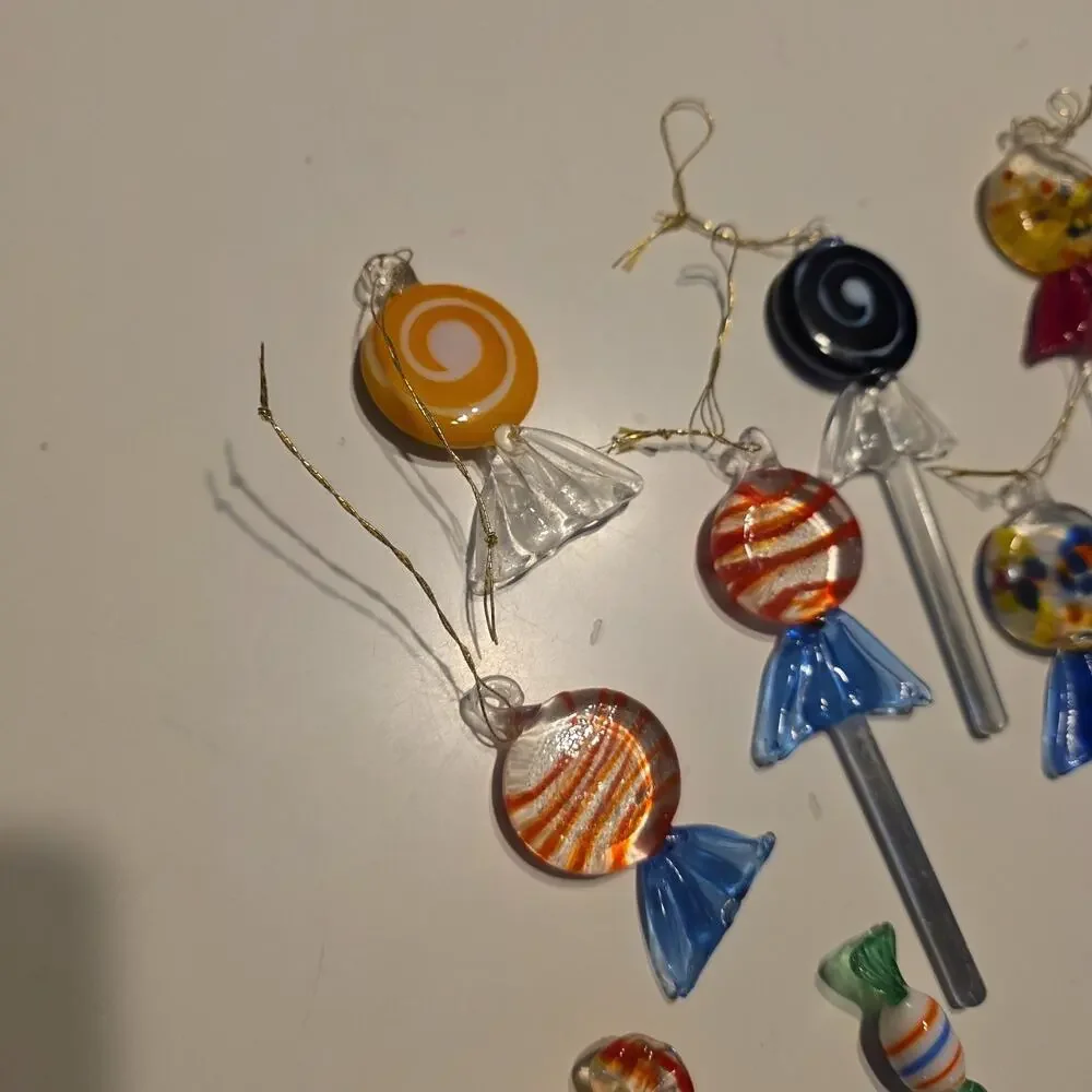 Set of 14 Vintage Murano Style Blown Glass Lollipop Ornament Christmas Candy Art
